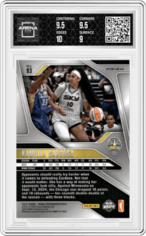 Kamilla Cardoso from the 2024 Panini Prizm WNBA set featuring a Ice parallel graded by Arena Club and given an overall grade of 9.5.