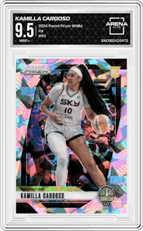 Kamilla Cardoso from the 2024 Panini Prizm WNBA set featuring a Ice parallel graded by Arena Club and given an overall grade of 9.5.