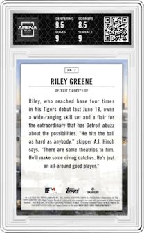 Riley Greene from the 2023 Topps Series 2 set graded by Arena Club and given an overall grade of 9.