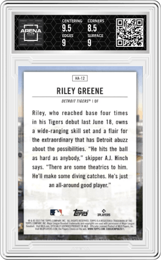 Riley Greene from the 2023 Topps Series 2 set graded by Arena Club and given an overall grade of 9.