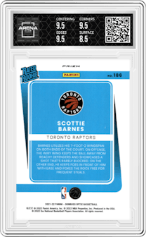 Scottie Barnes from the 2021-22 Panini Donruss Optic set featuring a Holo parallel graded by Arena Club and given an overall grade of 9.