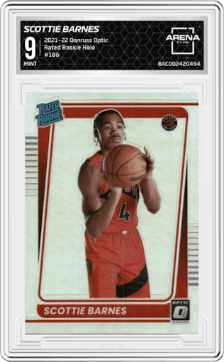 Scottie Barnes from the 2021-22 Panini Donruss Optic set featuring a Holo parallel graded by Arena Club and given an overall grade of 9.