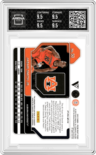 Jabari Smith Jr. from the 2022-23 Panini Prizm Draft Picks set featuring a Choice Blue/Yellow/Green parallel graded by Arena Club and given an overall grade of 9.5.