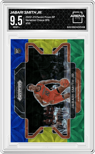 Jabari Smith Jr. from the 2022-23 Panini Prizm Draft Picks set featuring a Choice Blue/Yellow/Green parallel graded by Arena Club and given an overall grade of 9.5.