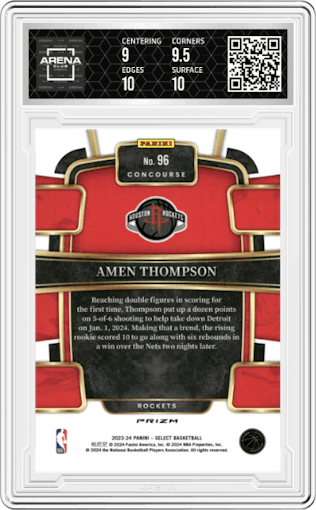 Amen Thompson from the 2023-24 Panini Select  set featuring a Silver Prizm parallel graded by Arena Club and given an overall grade of 9.5.