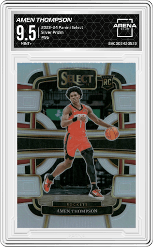 Amen Thompson from the 2023-24 Panini Select  set featuring a Silver Prizm parallel graded by Arena Club and given an overall grade of 9.5.