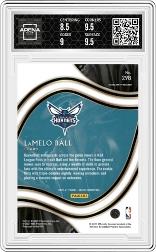 LaMelo Ball from the 2020-21 Panini Select  set graded by Arena Club and given an overall grade of 9.