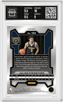 Julian Strawther from the 2023-24 Panini Prizm set featuring a Silver Prizm  parallel graded by Arena Club and given an overall grade of 9.5.
