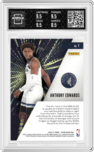 Anthony Edwards from the 2020-21 Panini Prizm set graded by Arena Club and given an overall grade of 9.