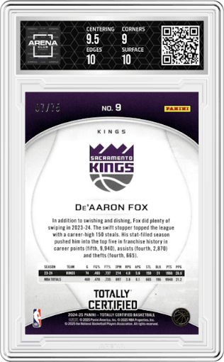 De'Aaron Fox from the 2024-25 Panini Totally Certified set featuring a Orange Platinum Mirror parallel graded by Arena Club and given an overall grade of 9.5.