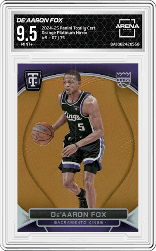 De'Aaron Fox from the 2024-25 Panini Totally Certified set featuring a Orange Platinum Mirror parallel graded by Arena Club and given an overall grade of 9.5.