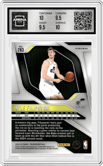 Kyle Filipowski  from the 2024-25 Panini Prizm set featuring a Silver Prizm parallel graded by Arena Club and given an overall grade of 10.
