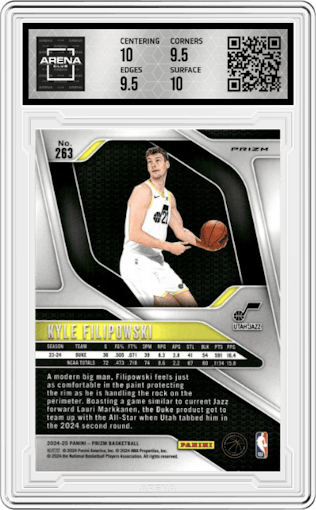 Kyle Filipowski  from the 2024-25 Panini Prizm set featuring a Silver Prizm parallel graded by Arena Club and given an overall grade of 10.