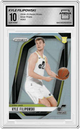 Kyle Filipowski  from the 2024-25 Panini Prizm set featuring a Silver Prizm parallel graded by Arena Club and given an overall grade of 10.