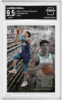 LaMelo Ball from the 2020-21 Panini Chronicles set featuring a Asia parallel graded by Arena Club and given an overall grade of 9.5.