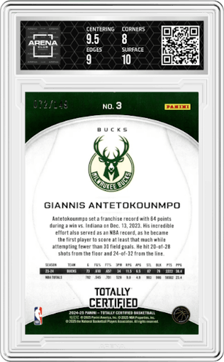 Giannis Antetokounmpo from the 2024-25 Panini Totally Certified set featuring a Red Mirror parallel graded by Arena Club and given an overall grade of 8.5.