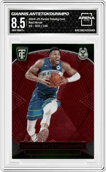 Giannis Antetokounmpo from the 2024-25 Panini Totally Certified set featuring a Red Mirror parallel graded by Arena Club and given an overall grade of 8.5.