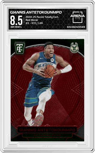 Giannis Antetokounmpo from the 2024-25 Panini Totally Certified set featuring a Red Mirror parallel graded by Arena Club and given an overall grade of 8.5.