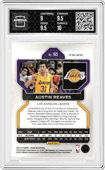Austin Reaves from the 2021-22 Panini Prizm  set featuring a Silver Wave parallel graded by Arena Club and given an overall grade of 9.5.