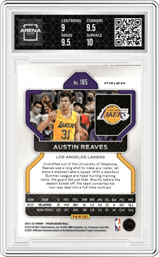 Austin Reaves from the 2021-22 Panini Prizm  set featuring a Silver Wave parallel graded by Arena Club and given an overall grade of 9.5.