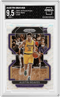 Austin Reaves from the 2021-22 Panini Prizm  set featuring a Silver Wave parallel graded by Arena Club and given an overall grade of 9.5.