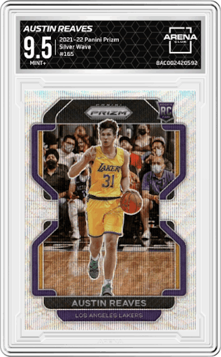 Austin Reaves from the 2021-22 Panini Prizm  set featuring a Silver Wave parallel graded by Arena Club and given an overall grade of 9.5.