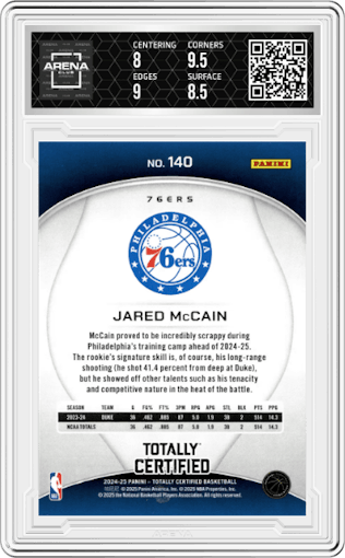 Jared McCain from the 2024-25 Panini Totally Certified set featuring a Mirror parallel graded by Arena Club and given an overall grade of 8.5.