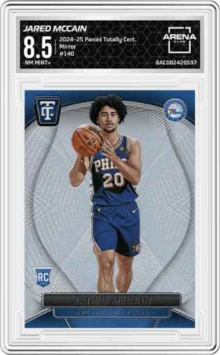 Jared McCain from the 2024-25 Panini Totally Certified set featuring a Mirror parallel graded by Arena Club and given an overall grade of 8.5.