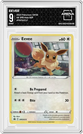Eevee from the 2022 Pokemon SWSH set featuring a Astral Radiance 3 Pack Blisters parallel graded by Arena Club and given an overall grade of 9.