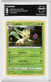 Leafeon from the 2022 Pokemon SWSH set featuring a Brilliant stars 3-pack booster parallel graded by Arena Club and given an overall grade of 9.