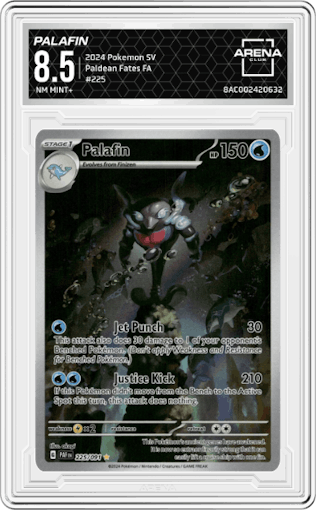 Palafin from the 2024 Pokemon SV set graded by Arena Club and given an overall grade of 8.5.