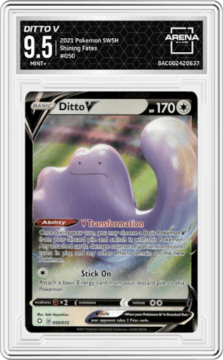 Ditto V from the 2021 Pokemon SWSH set graded by Arena Club and given an overall grade of 9.5.