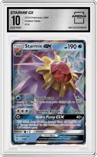 Starmie Gx from the 2019 Pokemon S&M  set graded by Arena Club and given an overall grade of 10.