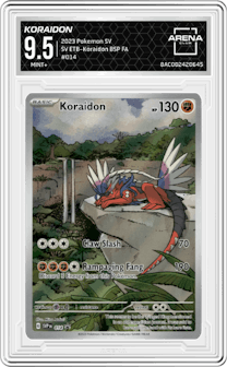 Koraidon from the 2023 Pokemon SV set featuring a Scarlet & Violet Elite Trainer Box (Koraidon) parallel graded by Arena Club and given an overall grade of 9.5.
