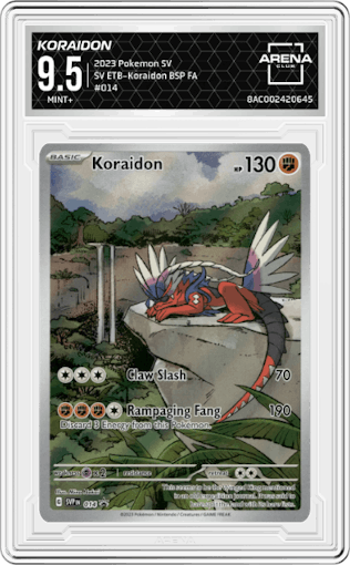 Koraidon from the 2023 Pokemon SV set featuring a Scarlet & Violet Elite Trainer Box (Koraidon) parallel graded by Arena Club and given an overall grade of 9.5.