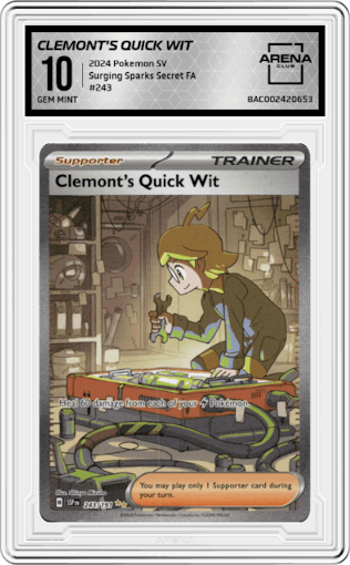 Clemont's Quick Wit from the 2024 Pokemon SV set graded by Arena Club and given an overall grade of 10.