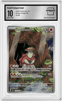 Turtonator from the 2024 Pokemon SV set graded by Arena Club and given an overall grade of 10.