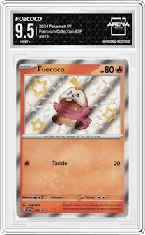 Fuecoco from the 2024 Pokemon SV set featuring a Skeledirge ex Premium Collection parallel graded by Arena Club and given an overall grade of 9.5.
