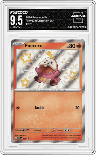 Fuecoco from the 2024 Pokemon SV set featuring a Skeledirge ex Premium Collection parallel graded by Arena Club and given an overall grade of 9.5.