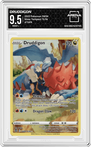Druddigon from the 2022 Pokemon SWSH set graded by Arena Club and given an overall grade of 9.5.