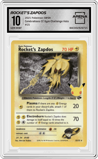 Rocket's Zapdos from the 2021 Pokemon SWSH set featuring a Gym Challenge parallel graded by Arena Club and given an overall grade of 10.