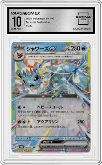 Vaporeon ex from the 2024 Pokemon SV JPN set graded by Arena Club and given an overall grade of 10.