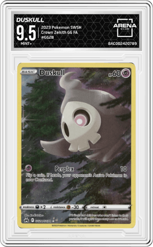 Duskull from the 2023 Pokemon SWSH set graded by Arena Club and given an overall grade of 9.5.