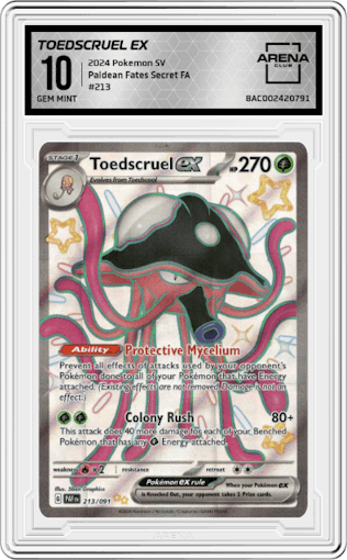Toedscruel Ex from the 2024 Pokemon SV set graded by Arena Club and given an overall grade of 10.