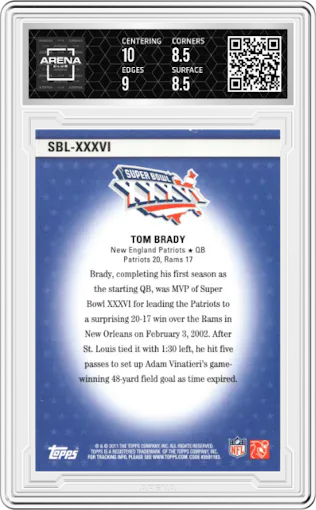 Tom Brady from the 2011 Topps set graded by Arena Club and given an overall grade of 9.