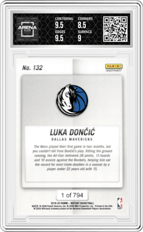 Luka Doncic from the 2019-20 Panini Instant  set graded by Arena Club and given an overall grade of 9.