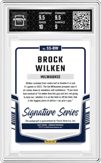 Brock Wilken from the 2024 Panini Donruss set featuring a Laser parallel graded by Arena Club and given an overall grade of 9.5.