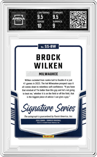 Brock Wilken from the 2024 Panini Donruss set featuring a Laser parallel graded by Arena Club and given an overall grade of 9.5.