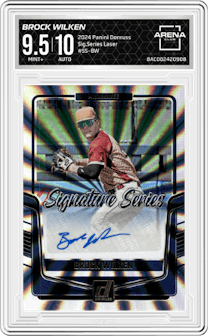 Brock Wilken from the 2024 Panini Donruss set featuring a Laser parallel graded by Arena Club and given an overall grade of 9.5.