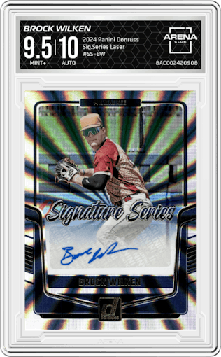 Brock Wilken from the 2024 Panini Donruss set featuring a Laser parallel graded by Arena Club and given an overall grade of 9.5.